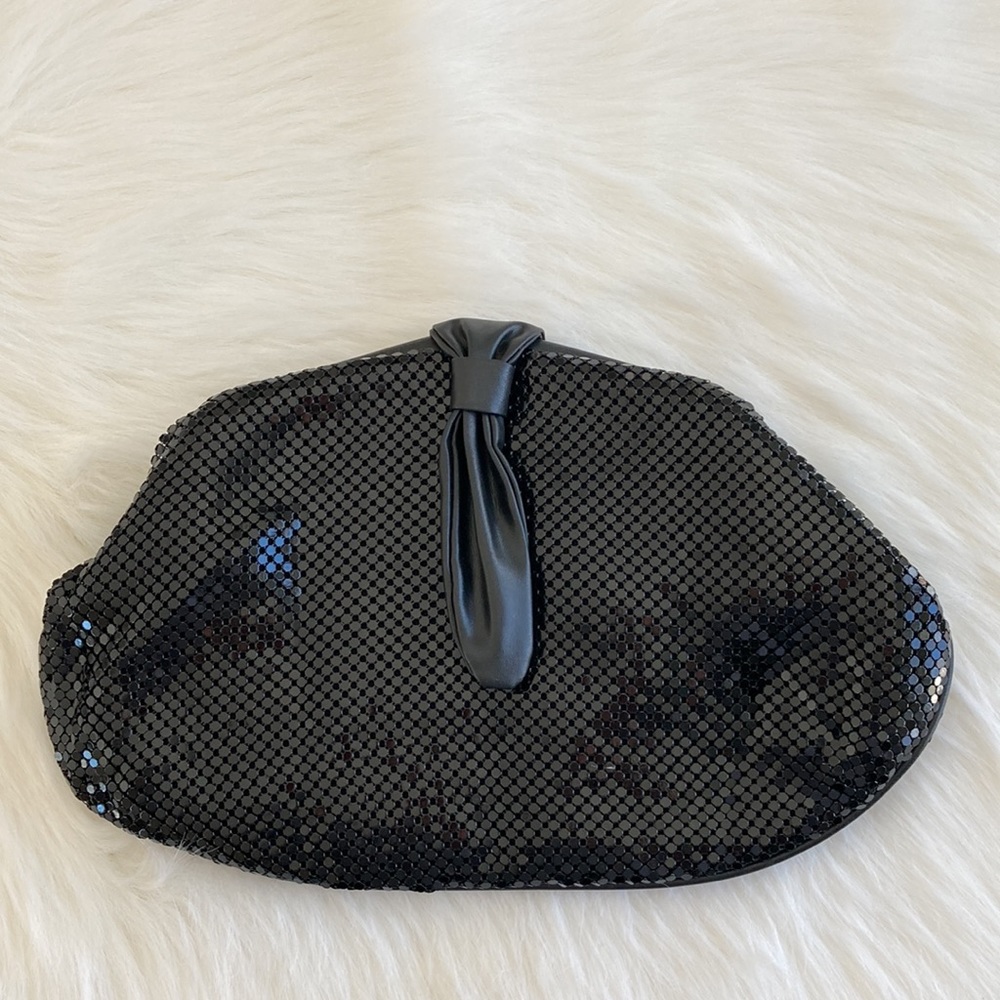 Vtg Formal Black Metal Chainlink Fabric Lined Clutch with Leather Shoulder Strap